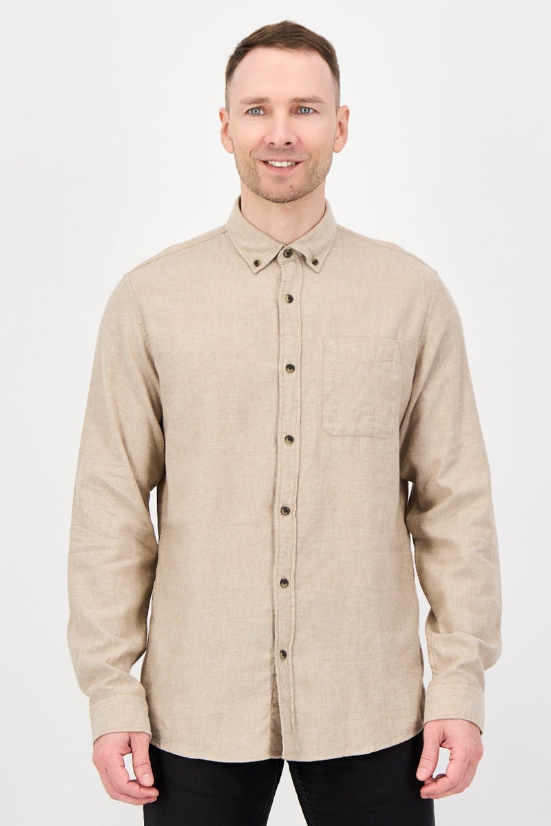 JACK & JONES Men Regular Fit Solid Long Sleeve Casual Shirt, Beige - Image 1